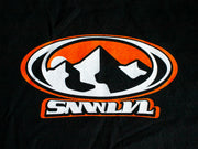 Detailed close-up of nostalgic Y2K mountain logo on premium thick cotton tee, black fabric with orange outlined peaks and oval border design
