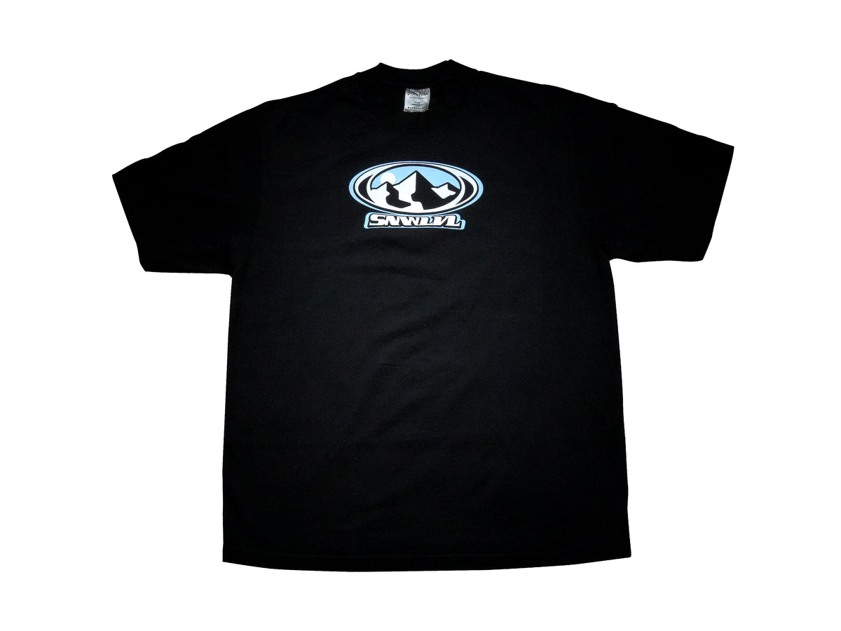 Heavyweight cotton t-shirt with Y2K-inspired mountain peaks logo, bold retro logo design in early 2000s aesthetic, streetwear style