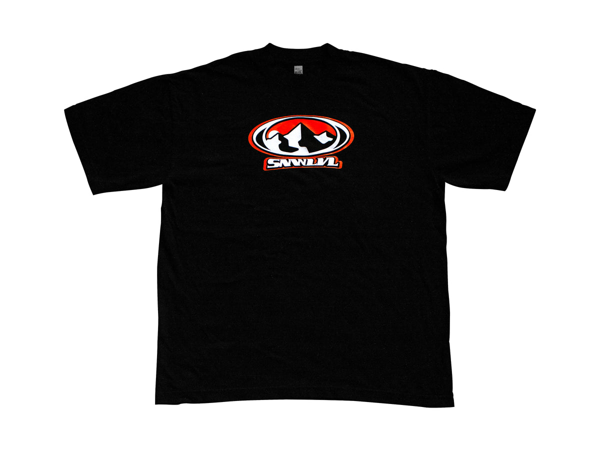 Heavyweight cotton t-shirt with Y2K-inspired mountain peaks logo, bold retro logo design in early 2000s aesthetic, streetwear style